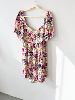 Roxy Floral Babydoll Mini Dress Smocked Bodice Puff Sleeve Large NWT